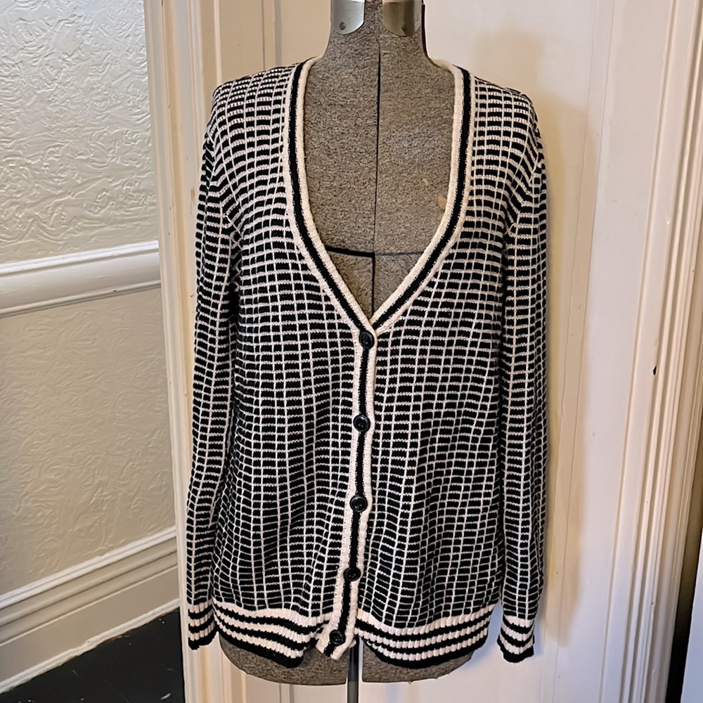 Forever 21 Black and White Check Stripe Chunky Grandpa Cardigan size XL - Picture 1 of 11